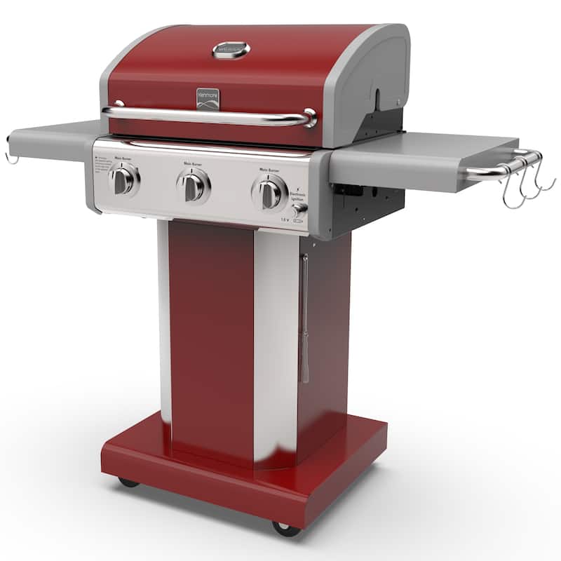 Kenmore 3-Burner Propane Gas Grill with Foldable Side Shelves - Red