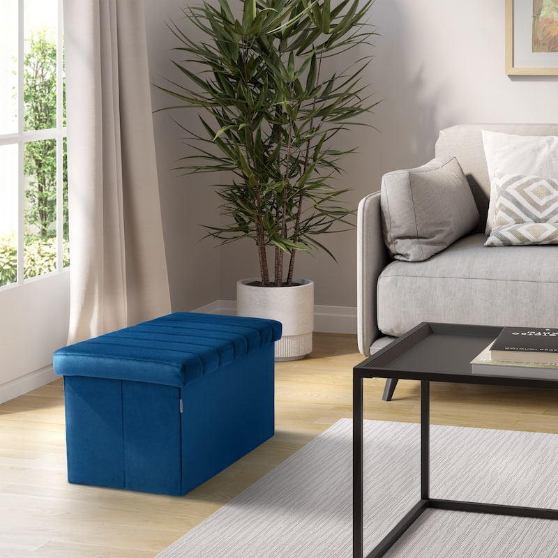 Seville Classics Storage Trunk Ottoman, Blue Velvet - 30"W x 15.7"H