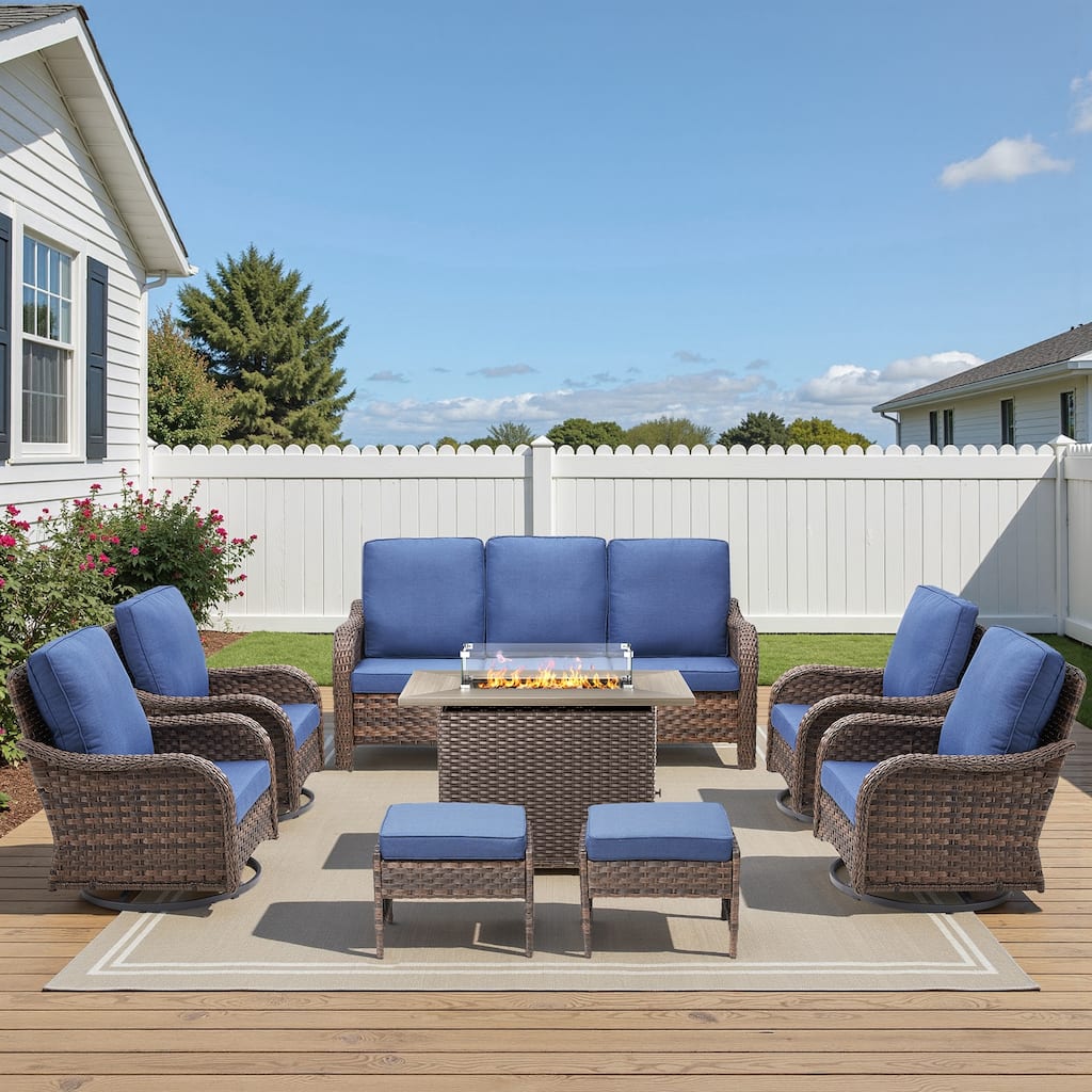 Pocassy Patio Funiture Sofa Swivel Chairs Ottoman with Fire Table Set