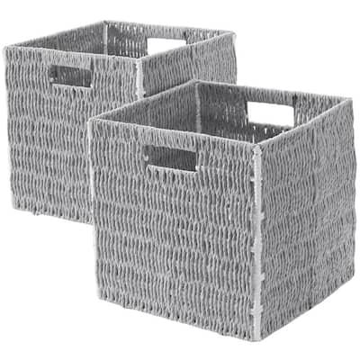 2 Pack Foldable Paper Wicker Shelf Storage Basket Cube Bin with Handles