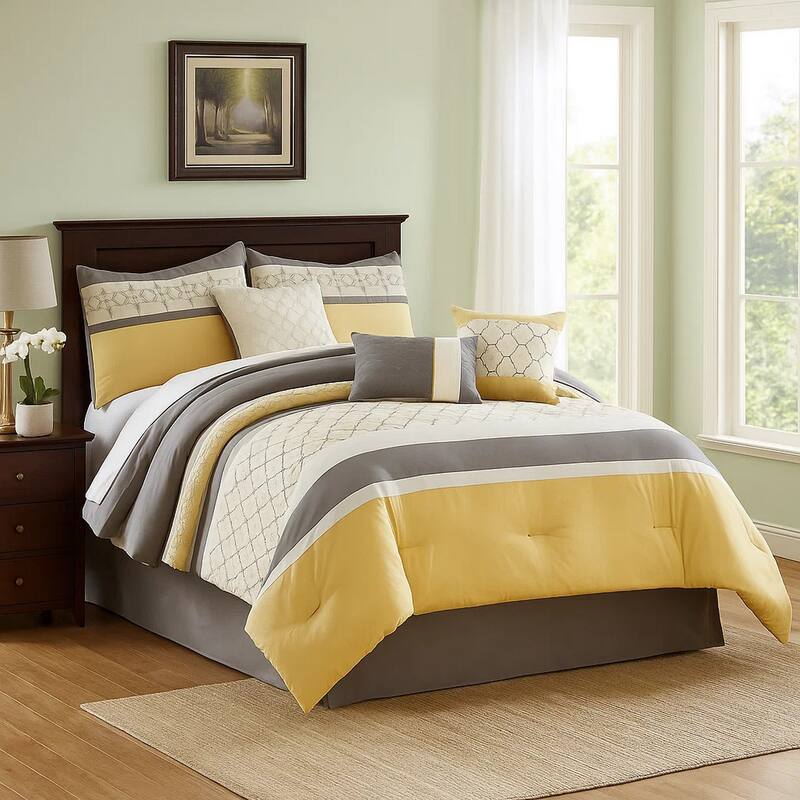 Quatrefoil Print Queen Size 7 Piece Fabric Comforter Set, Yellow and Gray