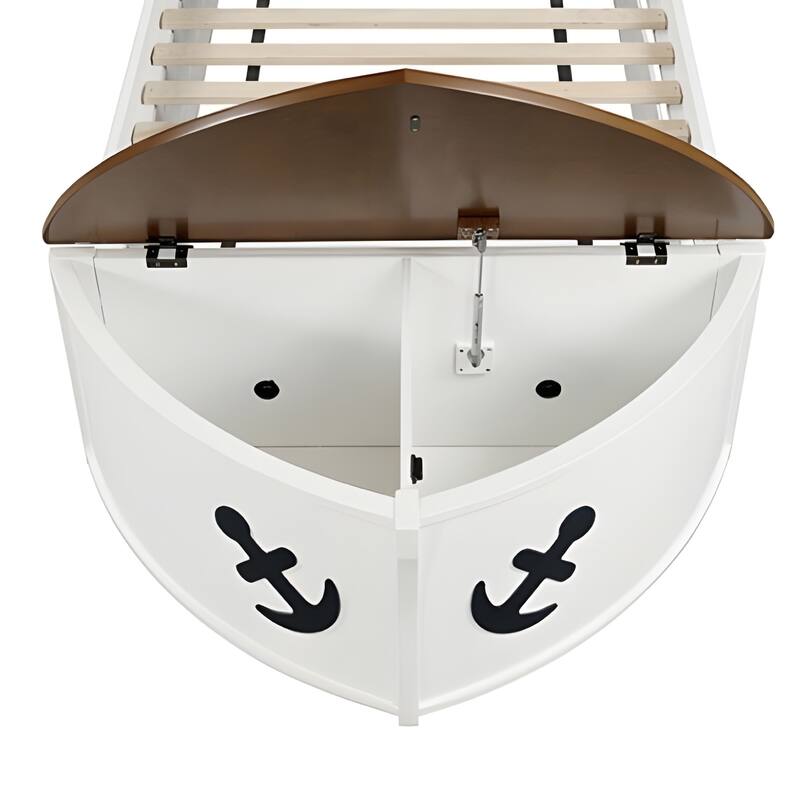 Evon Captain Twin Bed, Built-In Storage, Boat Design, White and Oak Brown