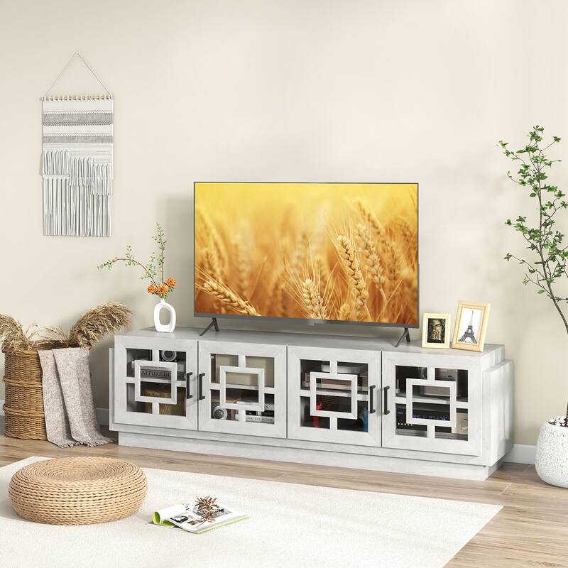 Gymax 4-Door Glass Entertainment Center Farmhouse TV Stand for TVs up