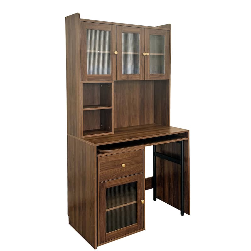 Rotating Computer Desk with Extendable Desktop, Modern Study Writing Desk with Glass Doors, Hutch & Bookshelf for Home Office