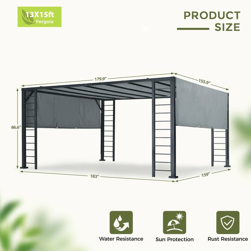 13 ft. x 15 ft. Aluminum Outdoor Pergola with Gray Retractable Shade