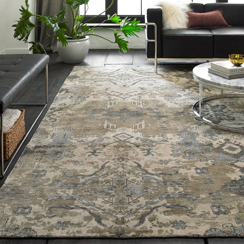 Transitional Beige Hand-Knotted Viscose Area Rug