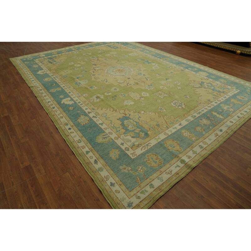 Vegetable Dye Green Oushak Turkish Large Rug, Medallion Geometric Carpet - 14' 1'' X 10' 0''