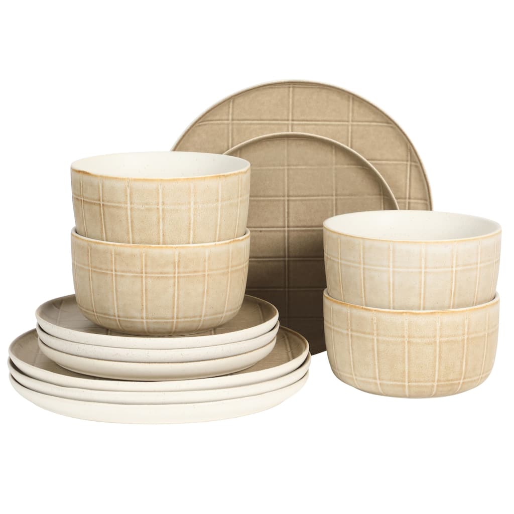 Gisbon Elite Butterwick 12 Piece Plates and Bowls Stoneware Dinnerware Set - Reactive Glaze Patterned Dishes