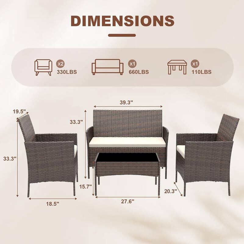 4-Piece Patio Rattan Furniture Set with Tempered Glass Table for Garden