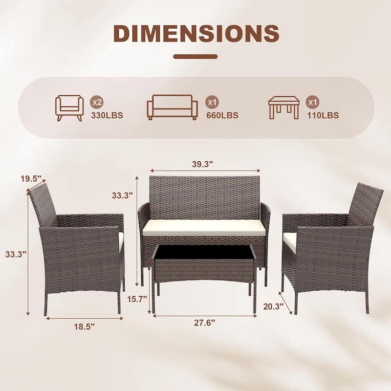 4 Pieces Rattan Wicker Chairs with Glass Coffee Table