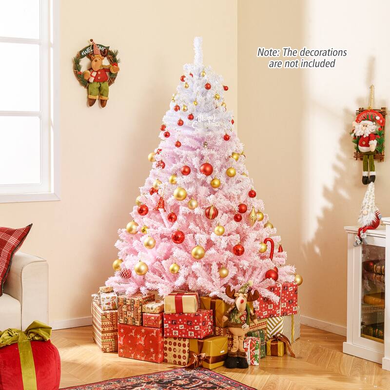 Gymax Artificial Christmas Tree Hinged Snow Flocked Xmas Tree w/ Lush - Pink, White