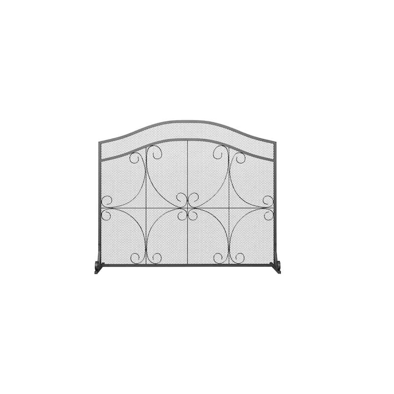 Vintage Wrought Iron Fireplace Screen with Arched Top, Decorative Scroll Design, Sturdy Mesh Spark Guard for Home Hearth