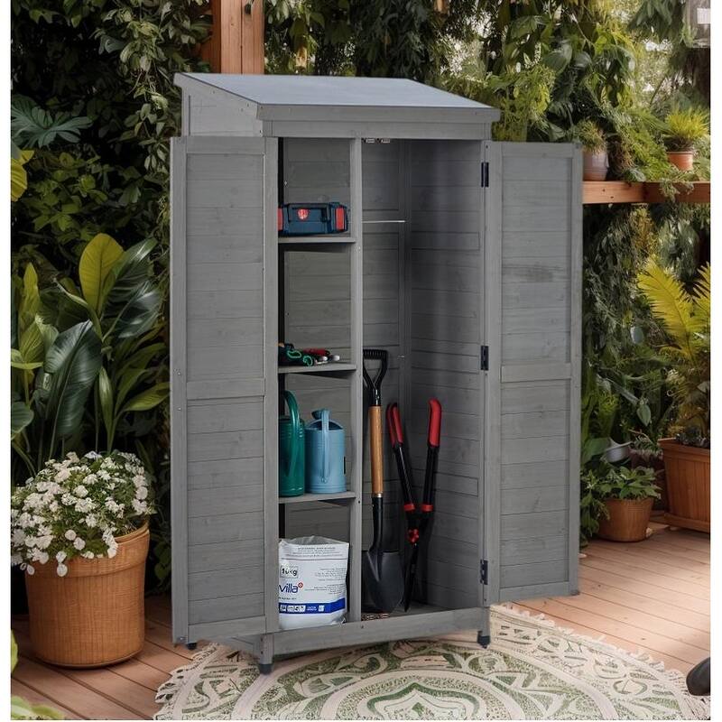 Farmhouse Vertical Storage Shed, Cedar Wood Tool Cabinet with Sloped Metal Roof, Adjustable Shelves - 33.5"L x 18.5"W x 68"H