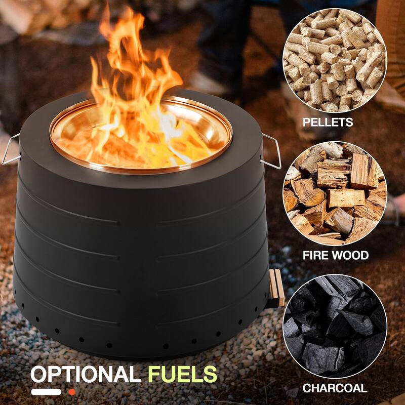 19.5" Smokeless Fire Pit, Portable Stainless Steel for Outdoor, Camping, with Ash Tray, Handles, and Weatherproof Cover