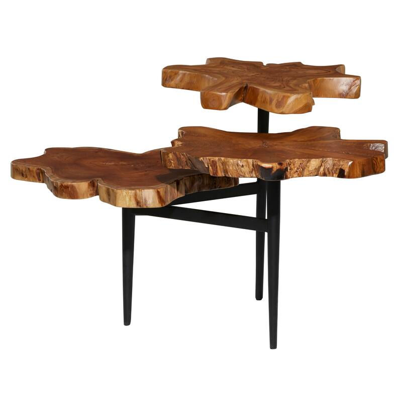 Teak Wood Handmade Live Edge 3 Tier Accent Table with Black Metal Base - Brown - Roche River Decor - 36"W x 34"L x 24"H