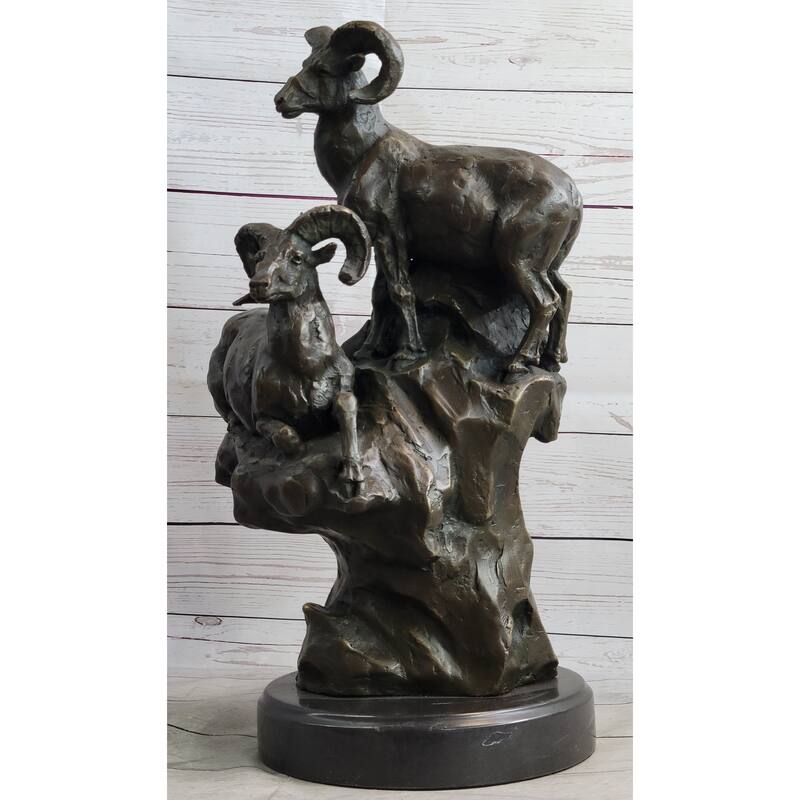 Rams Goats On Rocks Bronze Sculpture Statue Wildlife Art Decor On Marble Base