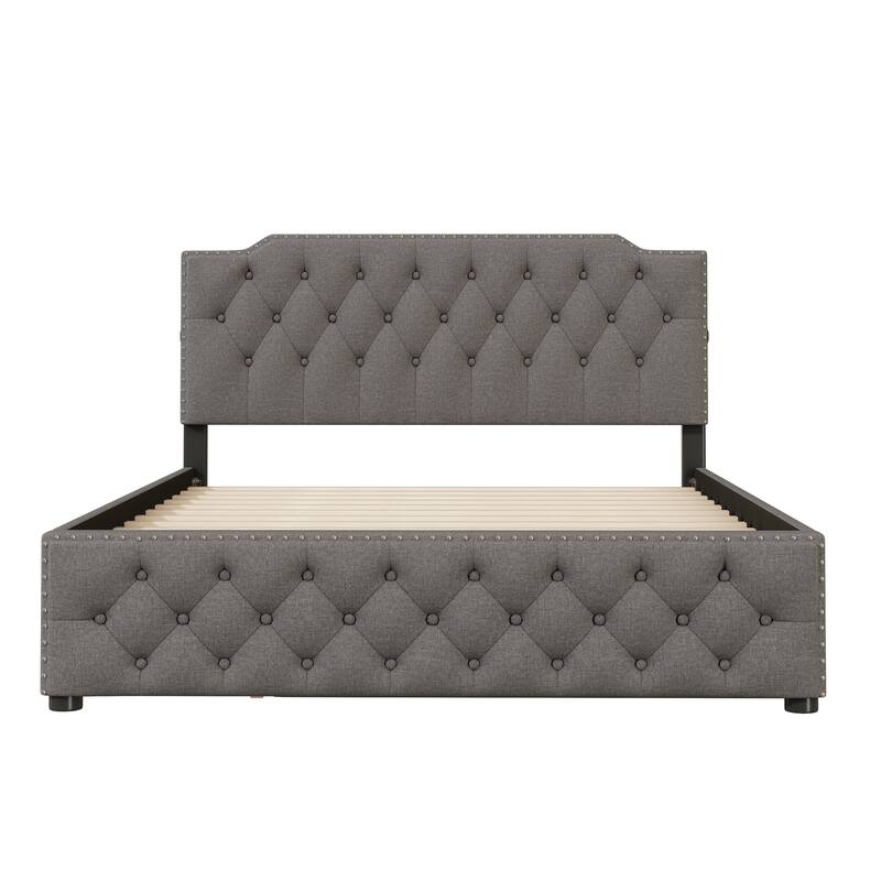 Queen Size Linen Fabric Platform Bed with Twin Size Trundle Upholstered Bed and 2 sets of USB Ports Storage Bed, Panel Bed