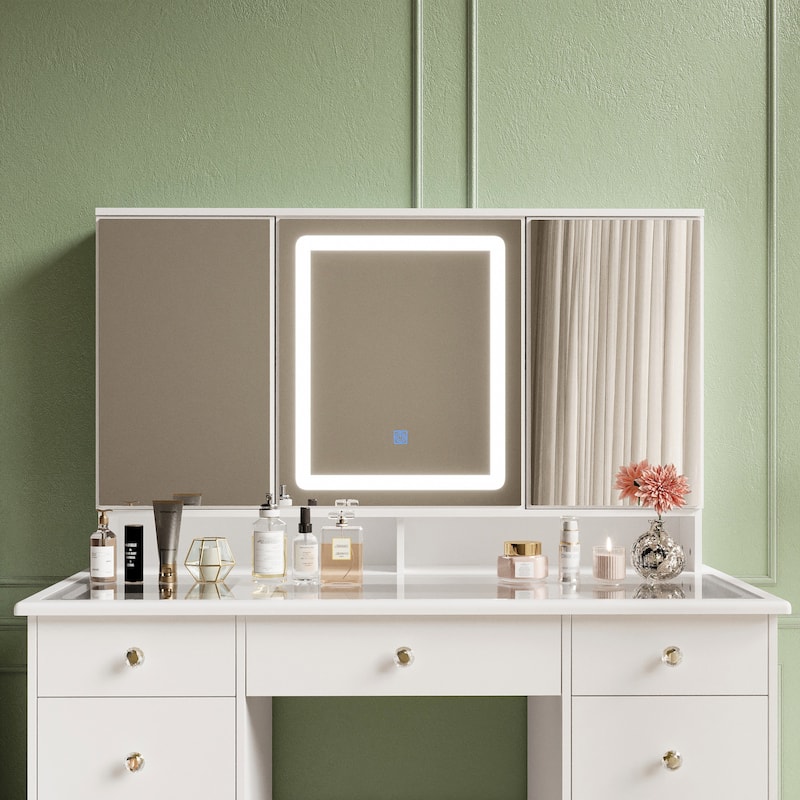 43" White Makeup Vanity Desk with LED Lighted Mirror, Tempered Glass Top, 9 Drawers Storage Dressing Table