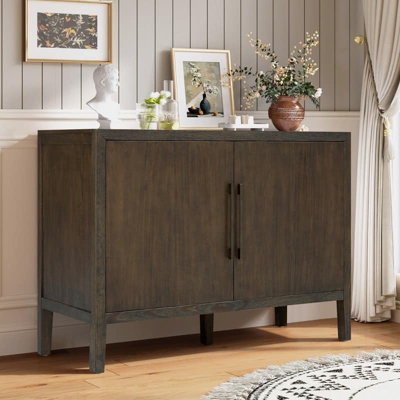 Farmhouse Sideboard Cabinet, Stylish Pine Veneer Design with Double Doors and Adjustable Feet for Storage