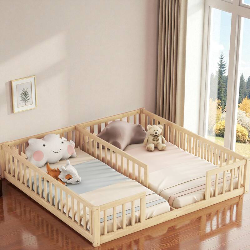 Double Twin Floor Bed with Fence and Guardrails, Solid Pine Wood Frame Montessori Bed for Kids - Natural - Twin