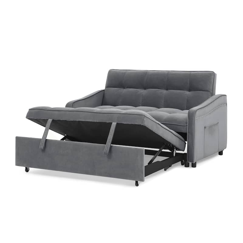 53" Foam Adjustable Loveseat Sofa Bed with Pull-Out Bed, USB/Type-C Charging, Copper Nail Trim, and Arm Storage Pockets
