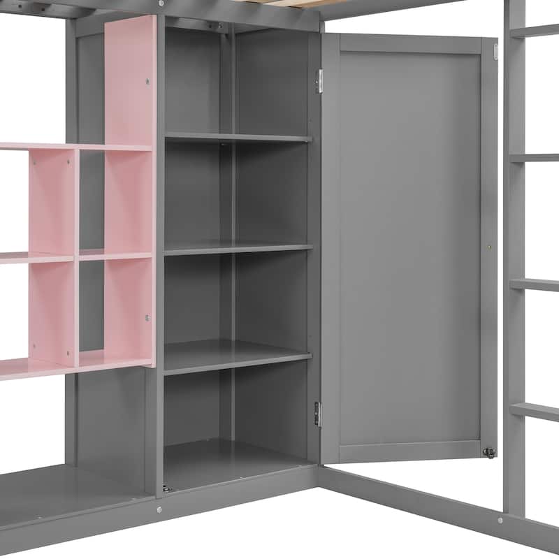 Roomfitters Full Size Wood Loft Bed with Wardrobe, Shelves and Cabinet