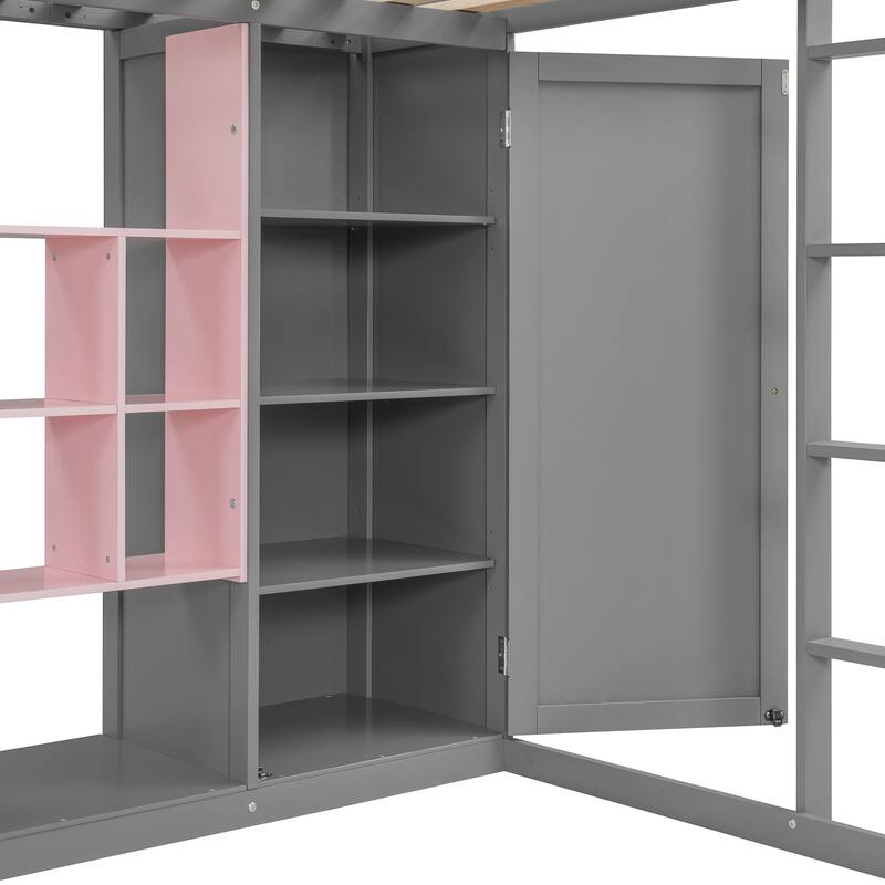 Wooden High Loft Bed with Reversible Ladder, Storage Loftbed Frame with Wardrobe, Shelves and Cabinet, No Box Spring Needed