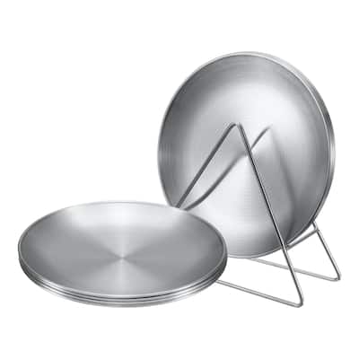 8pcs Stainless Steel Plates with Triangle Stand 6.7 Inch Plate - Silver Tone
