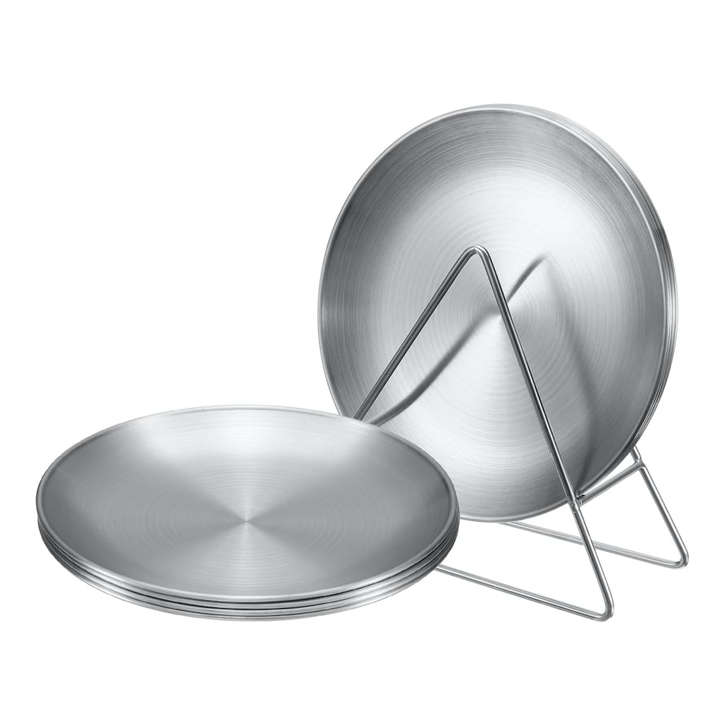 8pcs Stainless Steel Plates with Triangle Stand 6.7 Inch Plate - Silver Tone