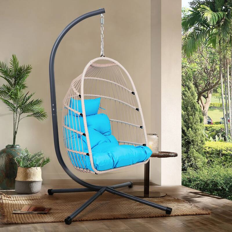 Blue Wicker Egg Hanging Chair with Stand - 24.4