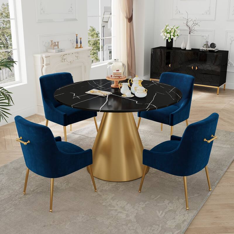 48" Marble Top Metal Dining Table with Velvet Dining Chair Set