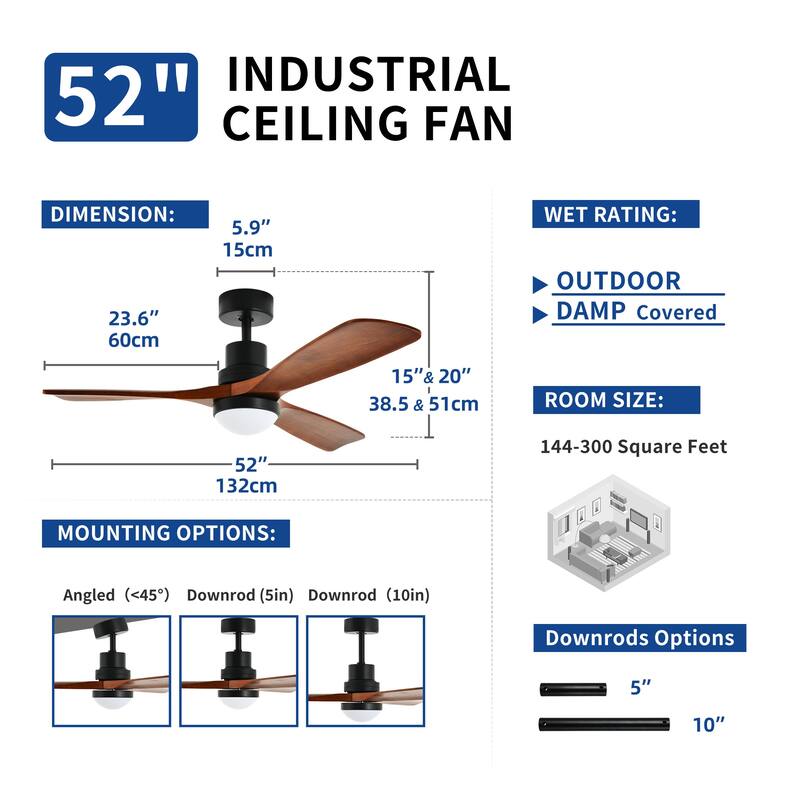 Moasis 52 inch Walnut Wood Ceiling Fan Light with Remote Control,LED 3-Color Adjustable - 52"