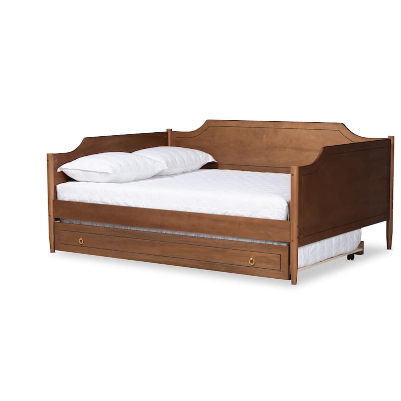 Alya Classic Traditional Farmhouse Full Daybed with Roll-Out Trundle Bed - Walnut