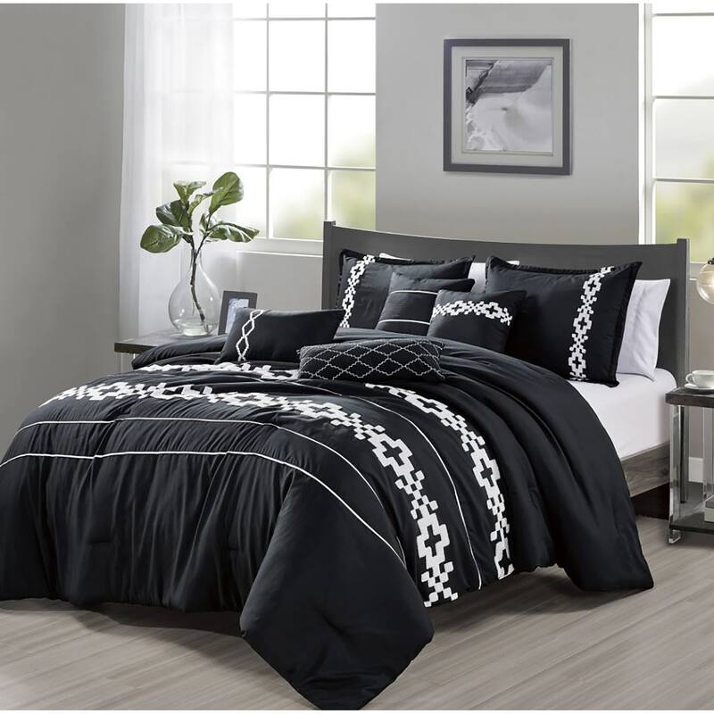 7 Piece Black White Boho Comforter Set Modern Embroidery Soft Bedding - King