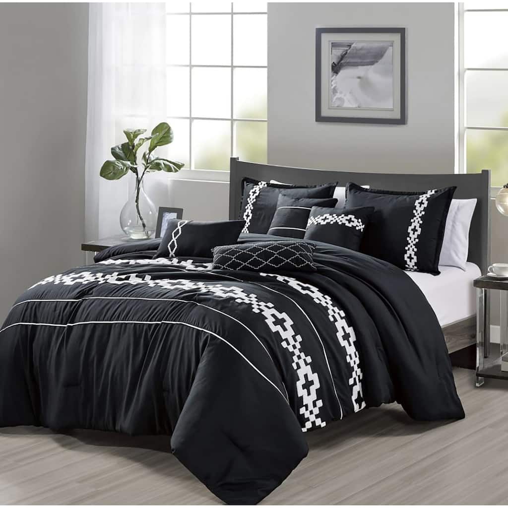 7 Piece Black White Boho Comforter Set Modern Embroidery Soft Bedding