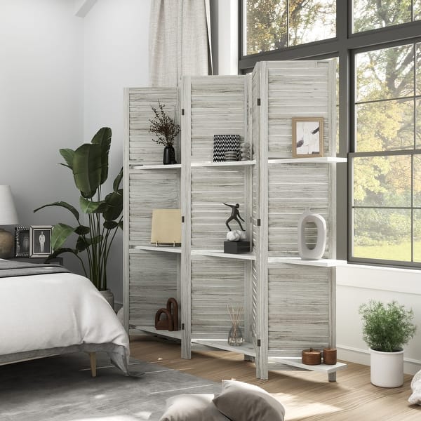 slide 2 of 43, HOMCOM 5 Panel 67" Tall Wood Room Divider, Privacy Screen with 3 Display Shelves, and Folding Storage for Bedroom or Home Office Multi