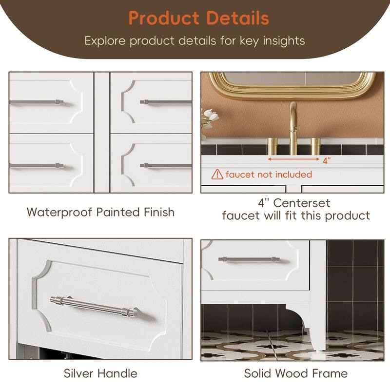 36'' Bathroom Vanity with Resin Sink Combo, Free Standing Solid Wood Frame Bathroom Vanity Cabinet with 4 Storage Drawers