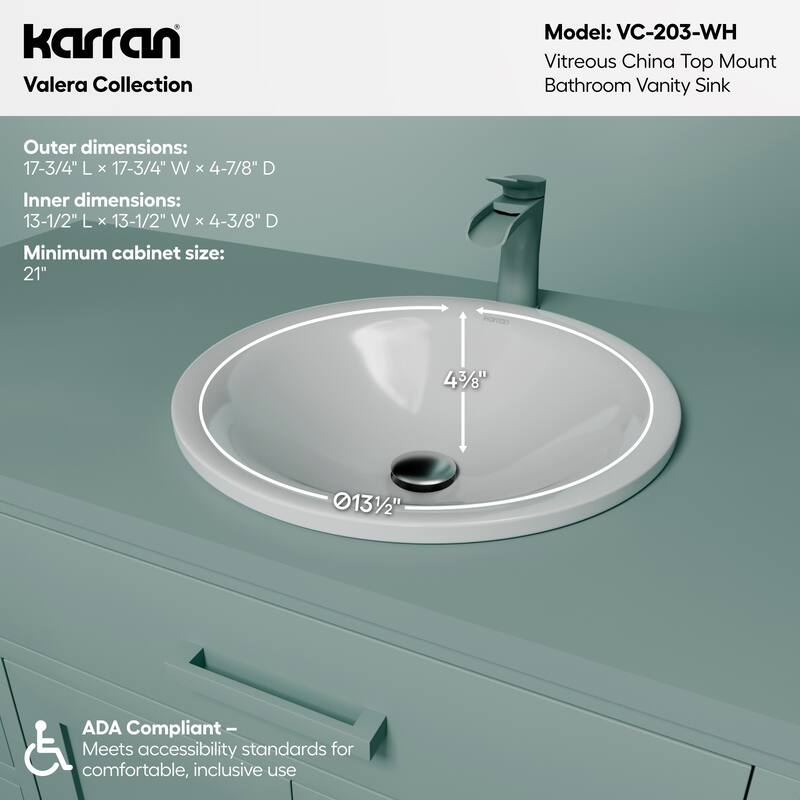 Karran Valera 18" Top Mount Vitreous China Bathroom Sink in White