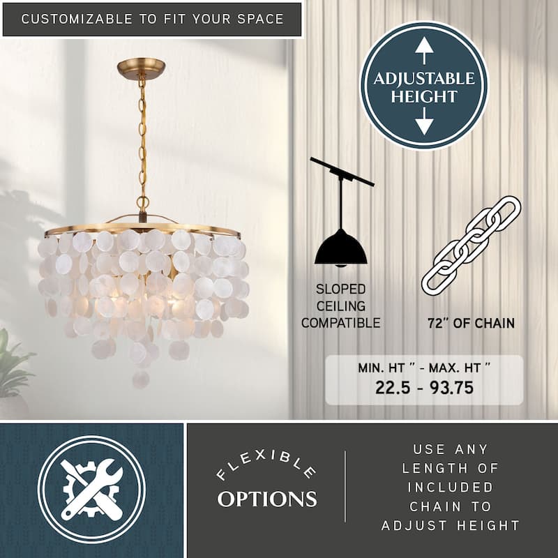 Elsa 3 Light Gold Brass Modern Coastal Glam Pendant Fixture with Capiz Shells - 19.75-in W x 18.5-in H x 19.75-in D