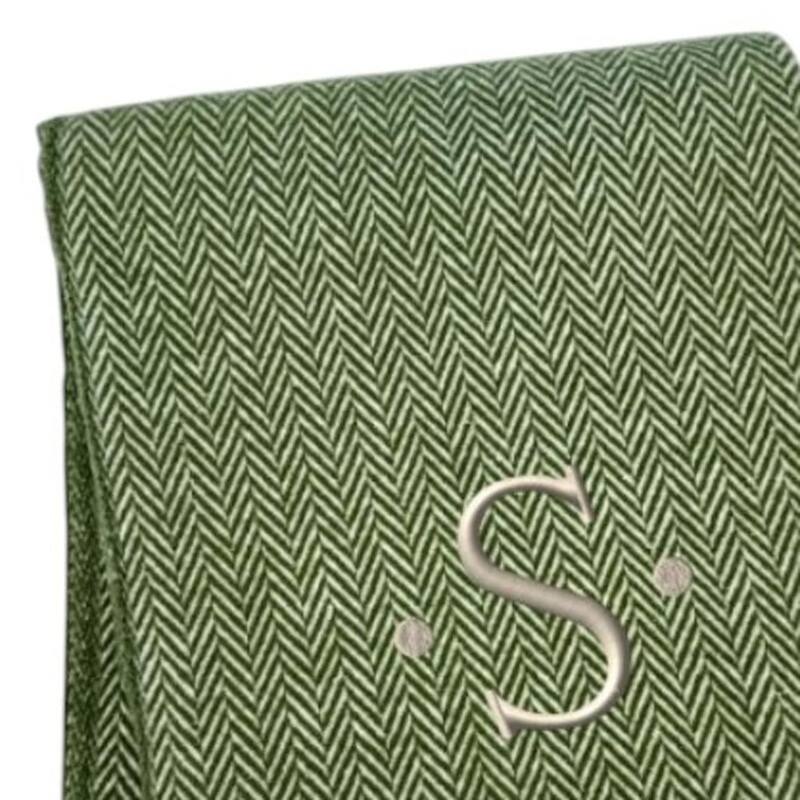 55" X 70" Moss Green And White Herringbone Cotton Blend S Initial Throw Blanket with Tassels And Embroidery