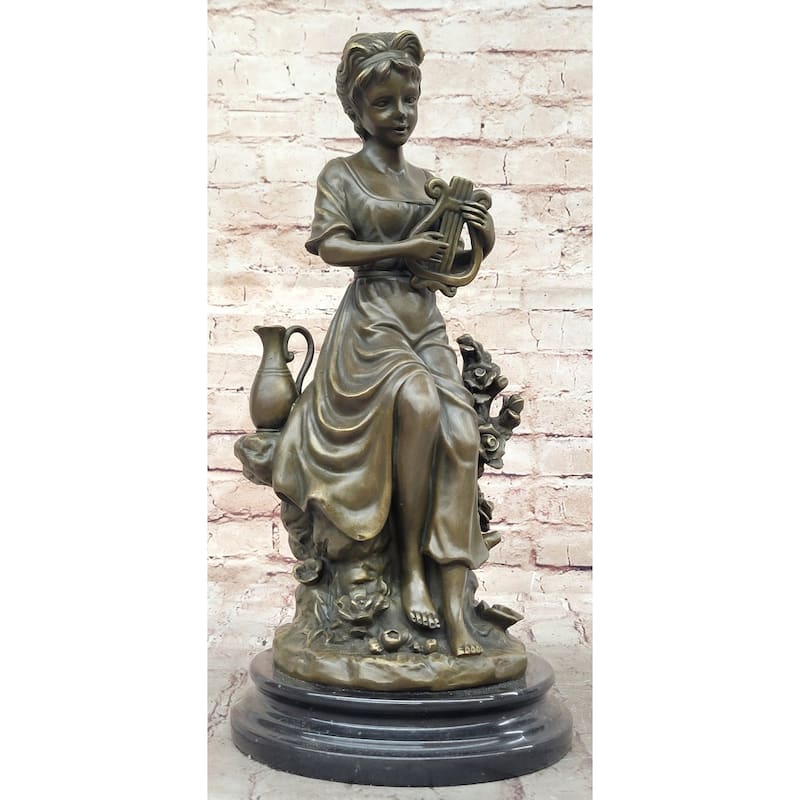 Classical Young Girl W/ Lyre Harp- Greek Roman Decor Bronze Sculpture By Milo