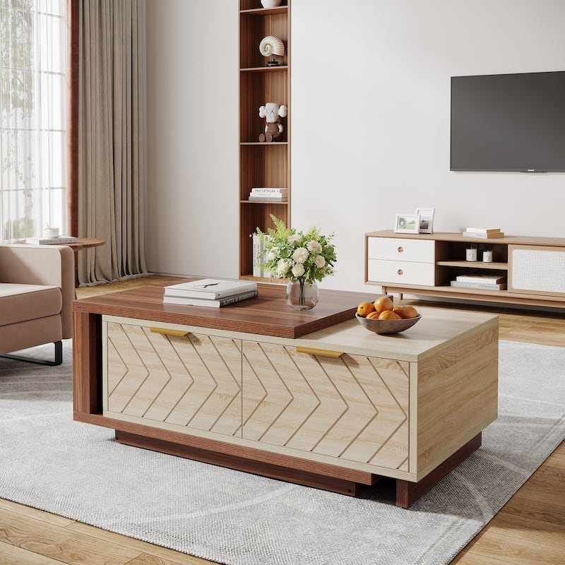 Wood Extendable 2-drawer Coffee Table with Sliding Tabletop - Brown+Natural