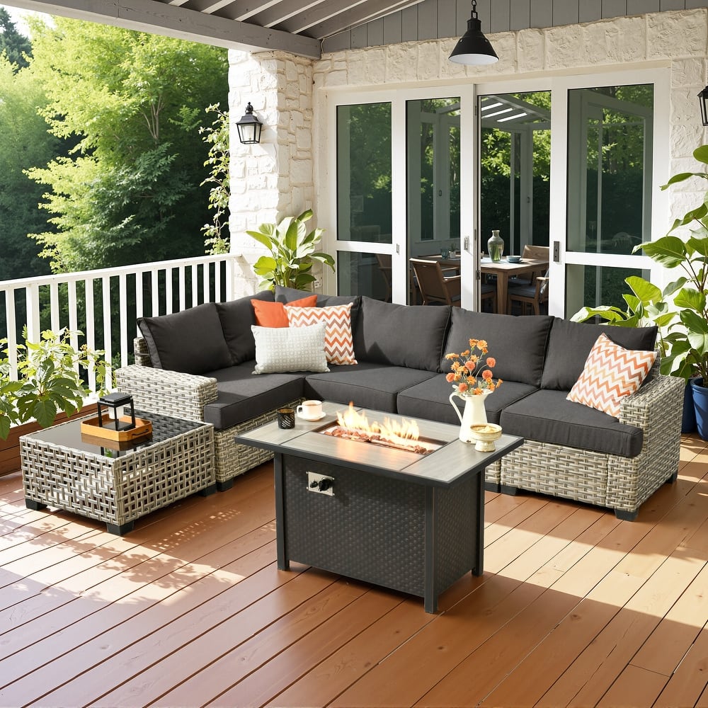 OVIOS 7 Pieces T shaped Seat Wide Armrest Set With Solar-Powered Coffee Table&Fire Pit