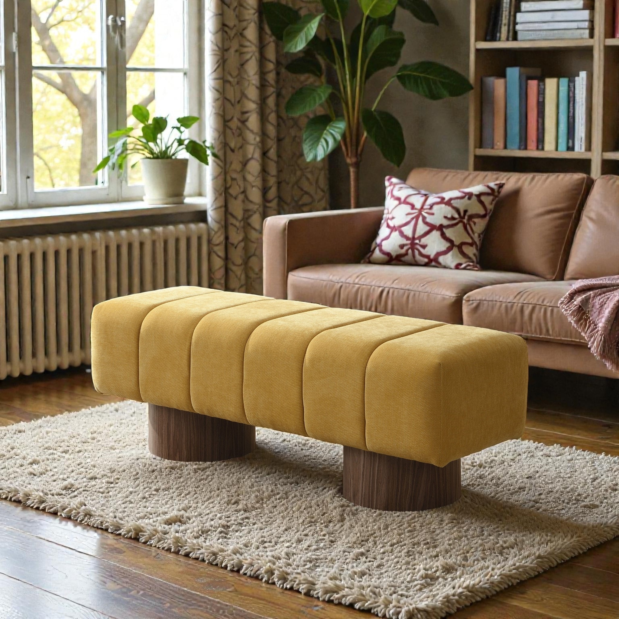 Upholstered Living Bench with Boucle Fabric, Entryway or Bedroom Bench Ottoman with Wood Legs, No-Assembly Accent Stool