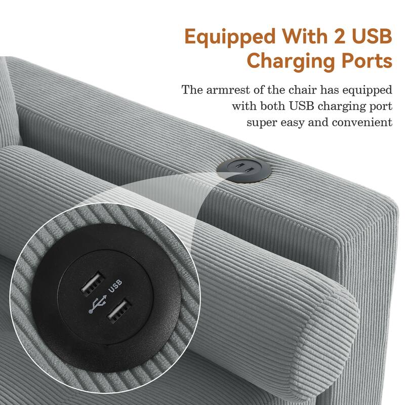 2 Set Corduroy Convertible Sleeper Sofa Bed Loveseats with Cup Holder, USB Ports