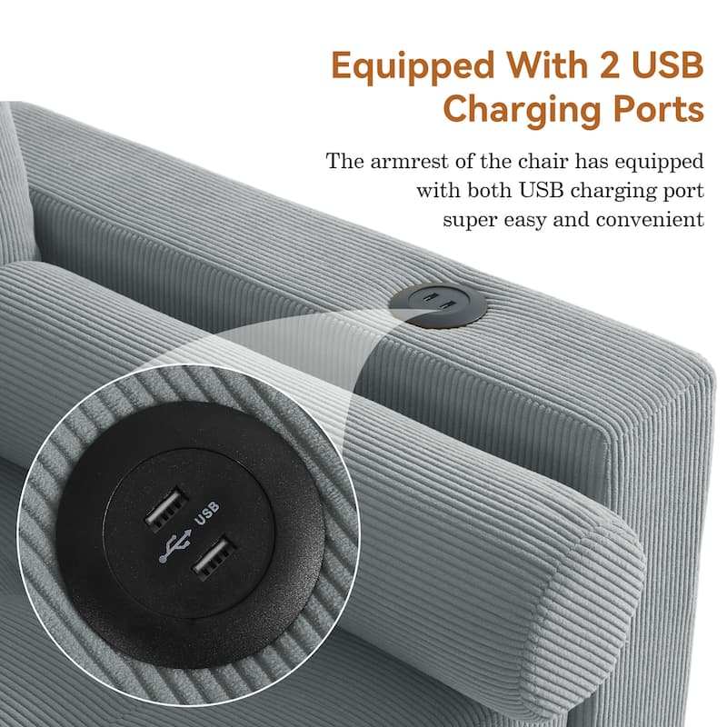 Corduroy Convertible Loveseat Sofa Bed Recliner with Cup Holder, USB Ports