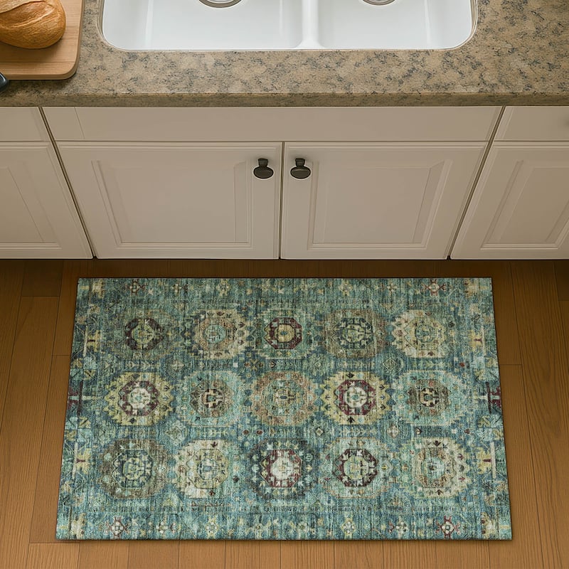 Premium Washable Super Soft Traditional Global Mayfield Rug - Teal - 1'8" x 2'6"