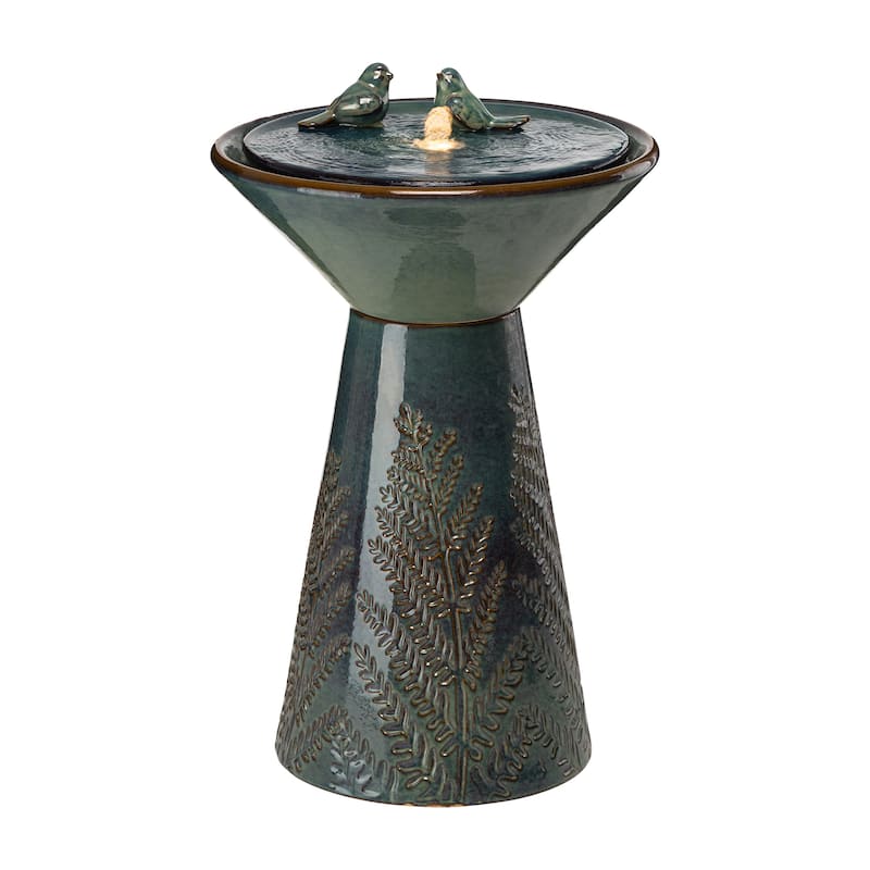 Glitzhome 27.5"H Two Birds Embossed Ceramic LED Birdbath Patio Outdoor Fountain