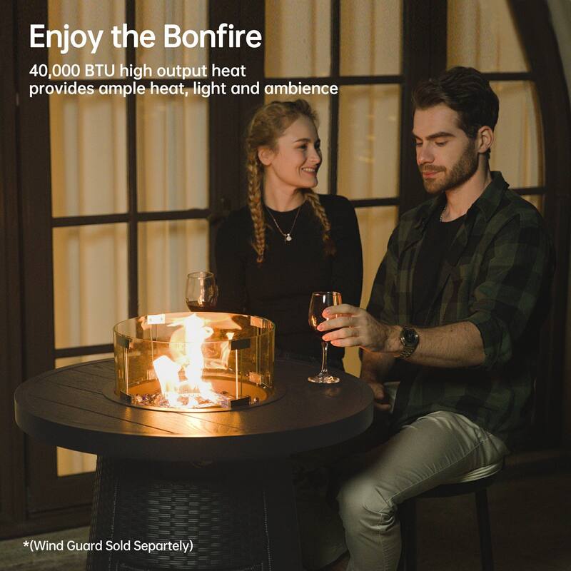 31.5" Wicker Propane Bar Height Fire Pit Table, 40,000 BTU Outdoor Round Gas Fire Table with Fire Glass Stone