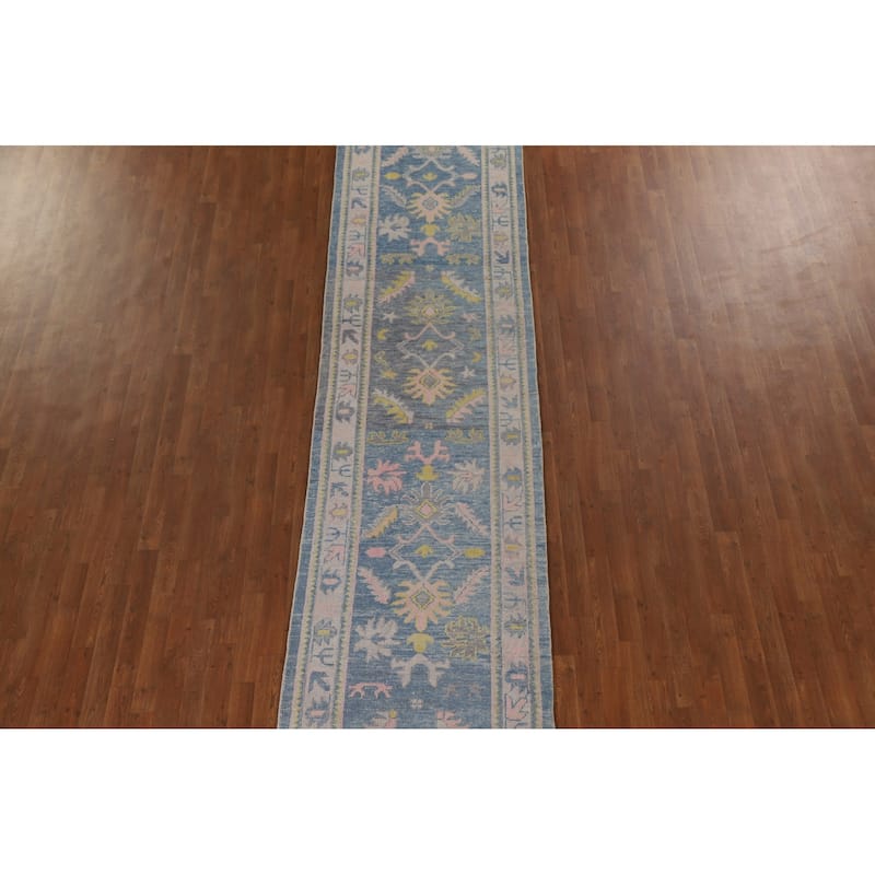 Vegetable Dye Floral Oushak Turkish Runner Rug Handmade Wool Carpet - 3'2"x 16'0"